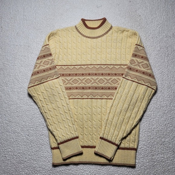 Lord Jeff Other - Vintage Lord Jeff Mens Large Mock Neck Cable Knit Fair Isle Sweater Cream Brown